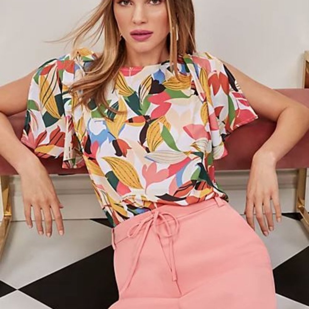 NY & Company Floral Printed Tie Shoulder Blouse